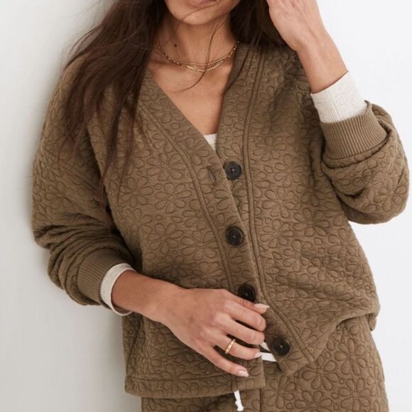 Nwt Madewell Flower Puff-Jacquard Crop Cardigan Brown Tan Jacket - Picture 1 of 8